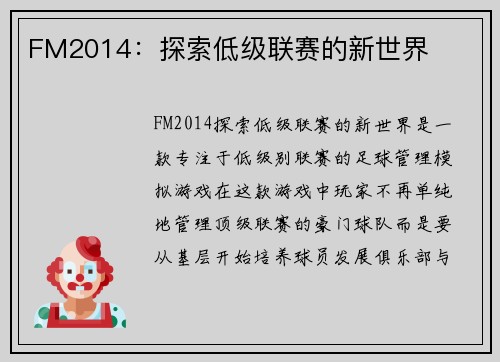 FM2014：探索低级联赛的新世界